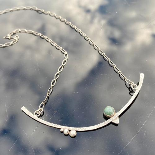 Green jade and sterling silver curved necklace