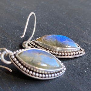 Labradorite marquise earrings - deep sky blue gemstones in sterling silver