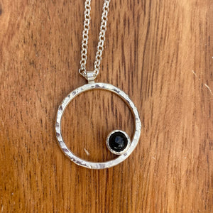 Sterling Silver Circle Pendant with Black Onyx Stone Necklace